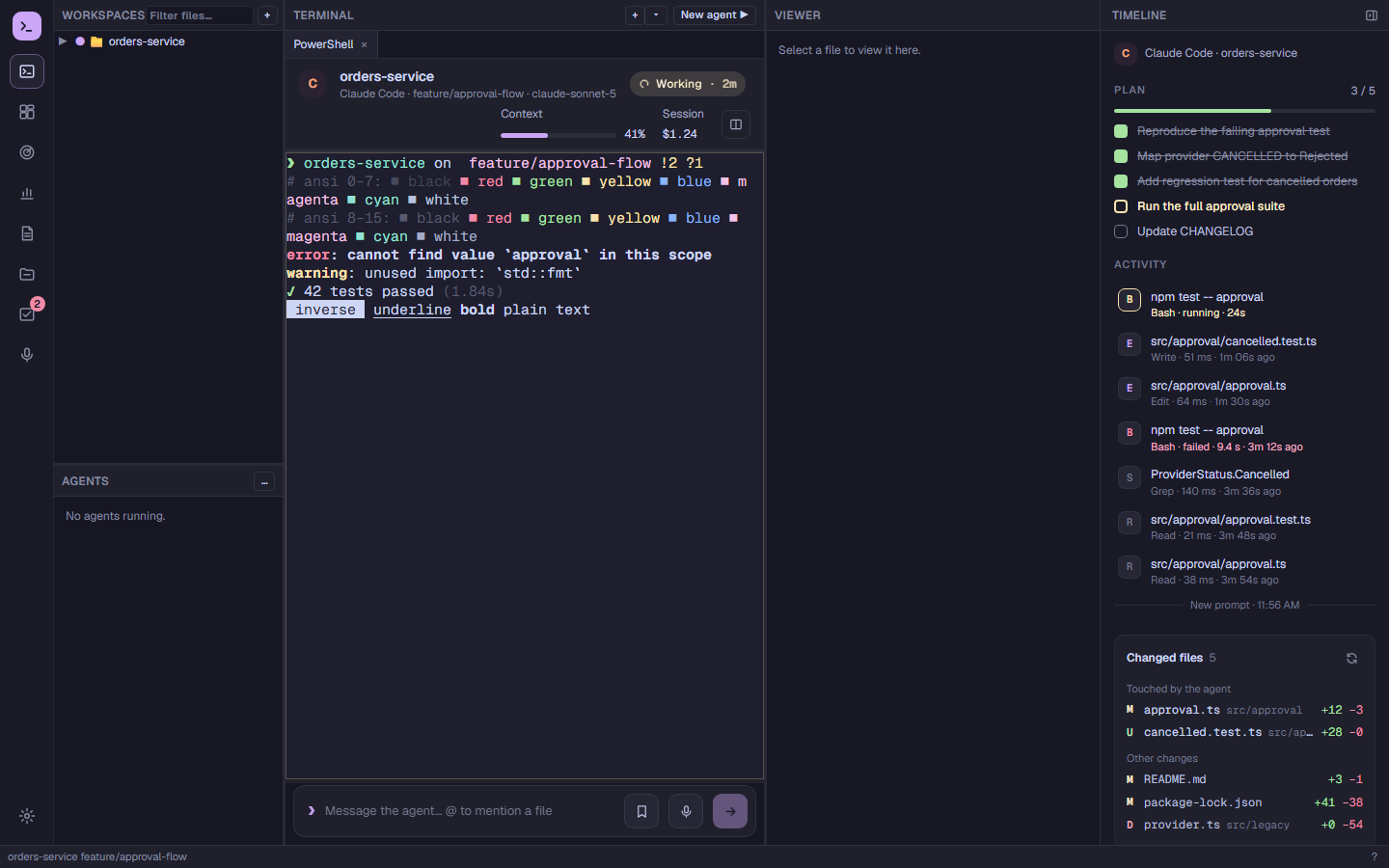 The workspace in the Catppuccin Mocha theme: the whole app and the terminal share the theme's colours
