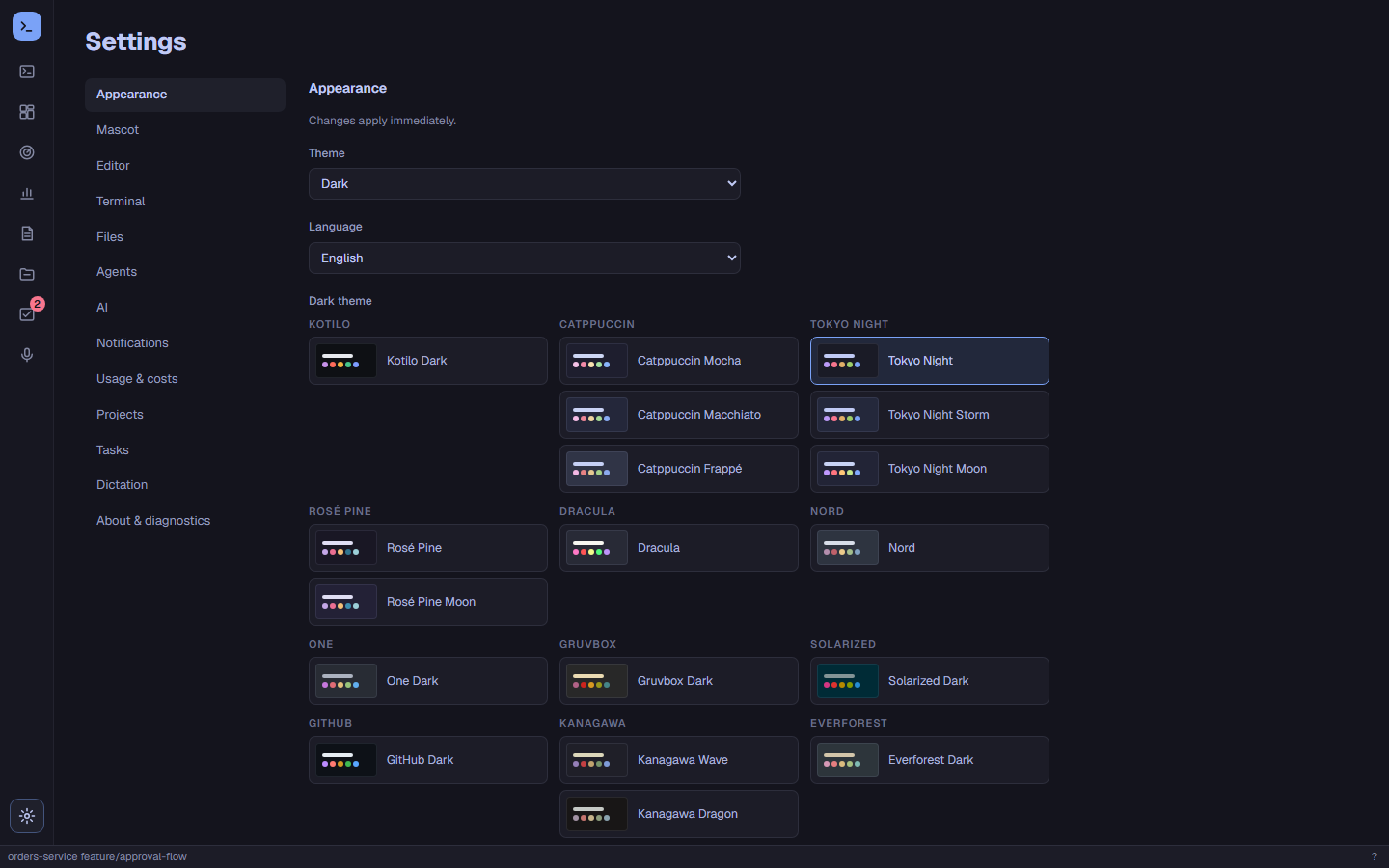 Settings, Appearance: dark and light theme pickers grouped by family