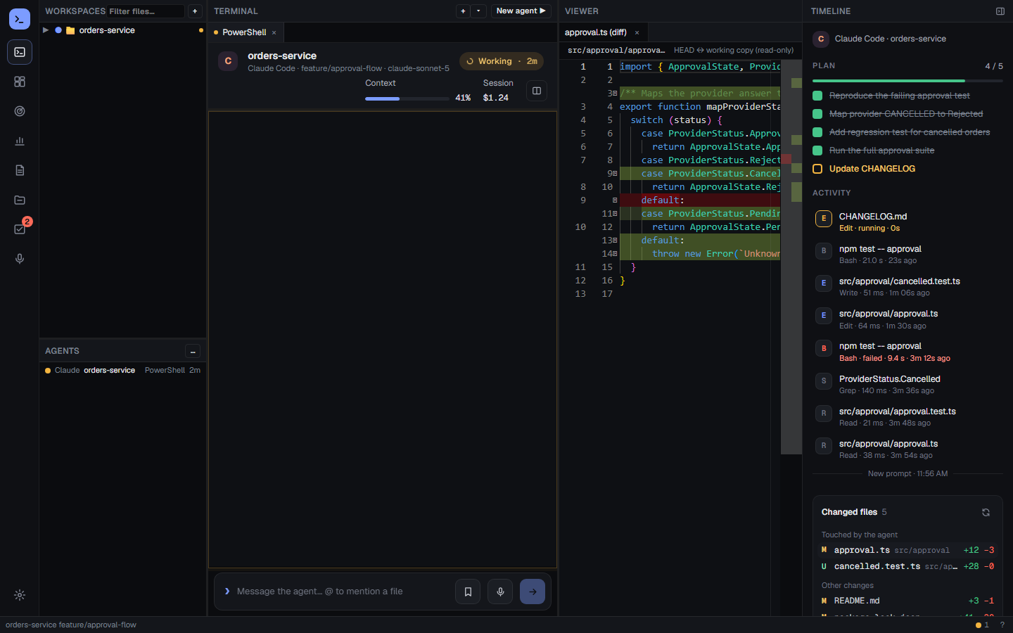 Timeline: the agent's plan and tool calls next to a diff of the files it changed